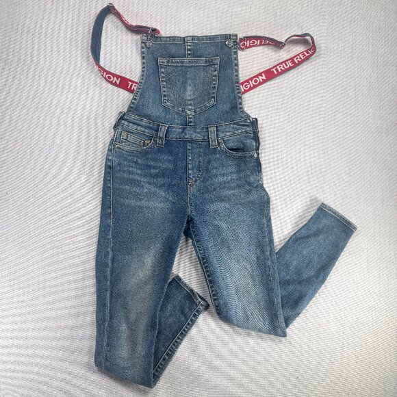 Y2K True Religion Skinny Overalls Blue Denim Cotton Blend Size M Medium - Picture 1 of 9